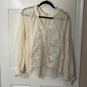 Free People Cream Puff Sleeve Shirt with Lace Detail